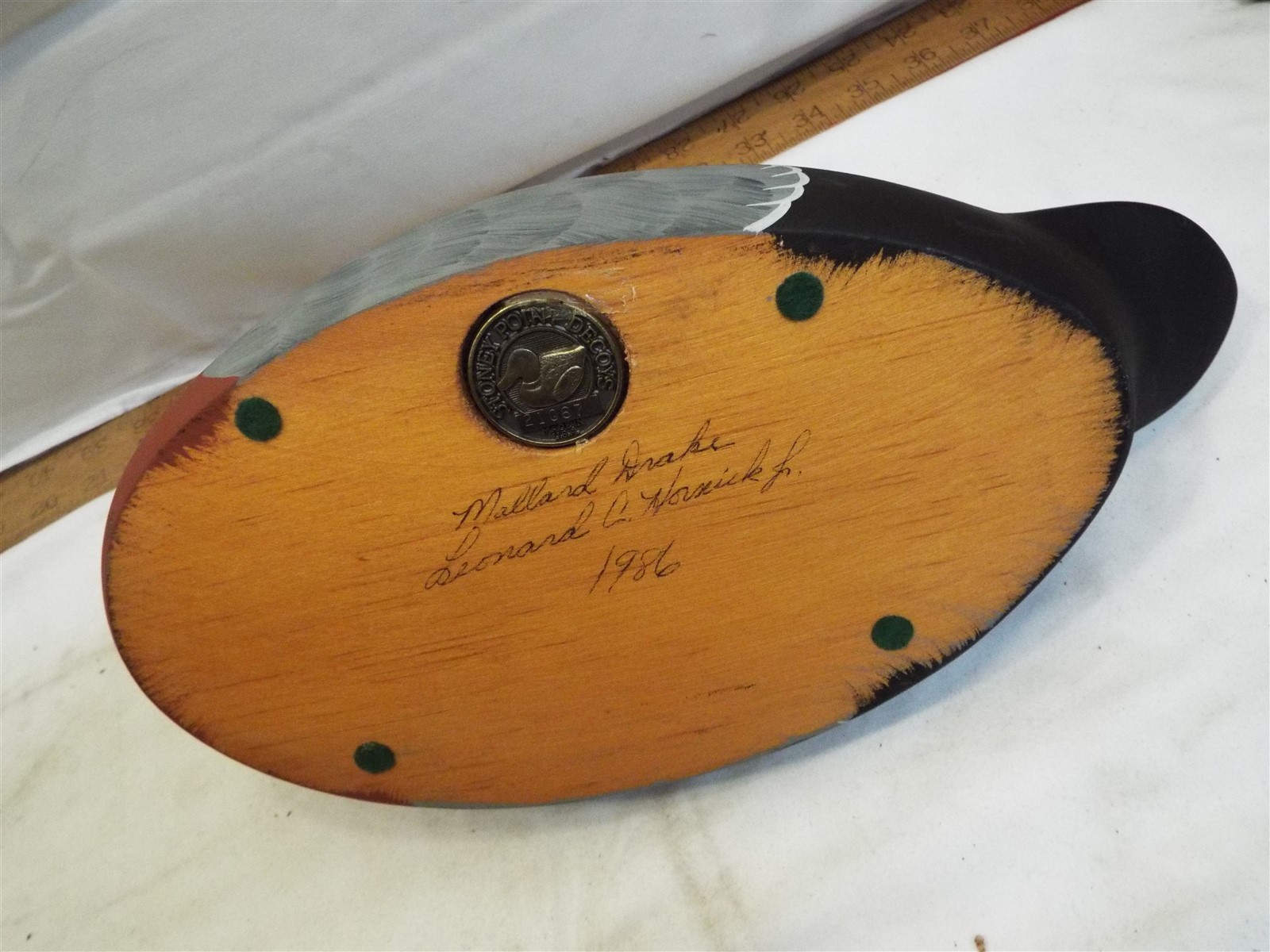 1986年 鳥 置物 Leonard C. Hornick Jr サイン入り Stoney Point Wooden Mallard Drake Duck Decoy Bird 1986 Model